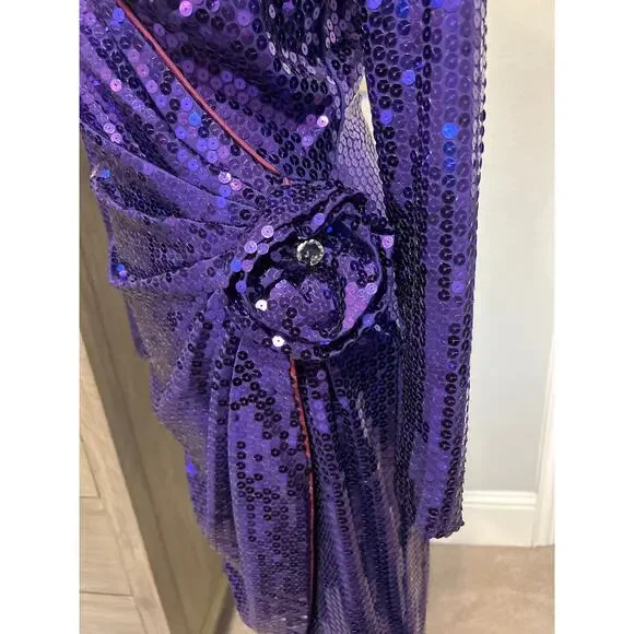 Tadashi | Vintage Purple Sequined Dress with Rhinestone Adorn Flower | 6 - Picture 5 of 15